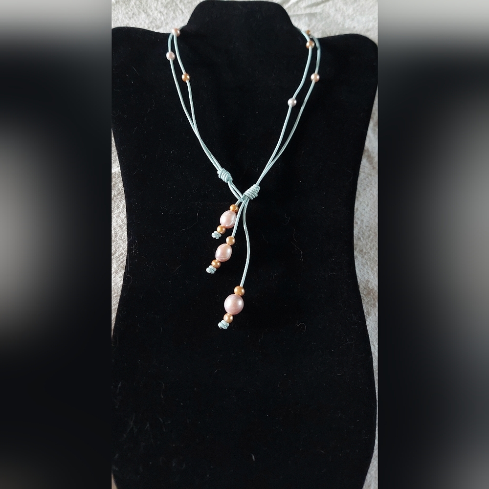 Handmade Light Pink & Gold Pearl & Light Blue Leather 3-Way Necklace
